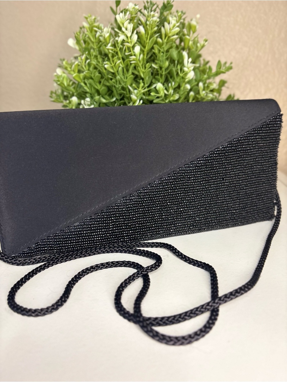 La Regale Black Satin & Beaded Evening Clutch with Chain